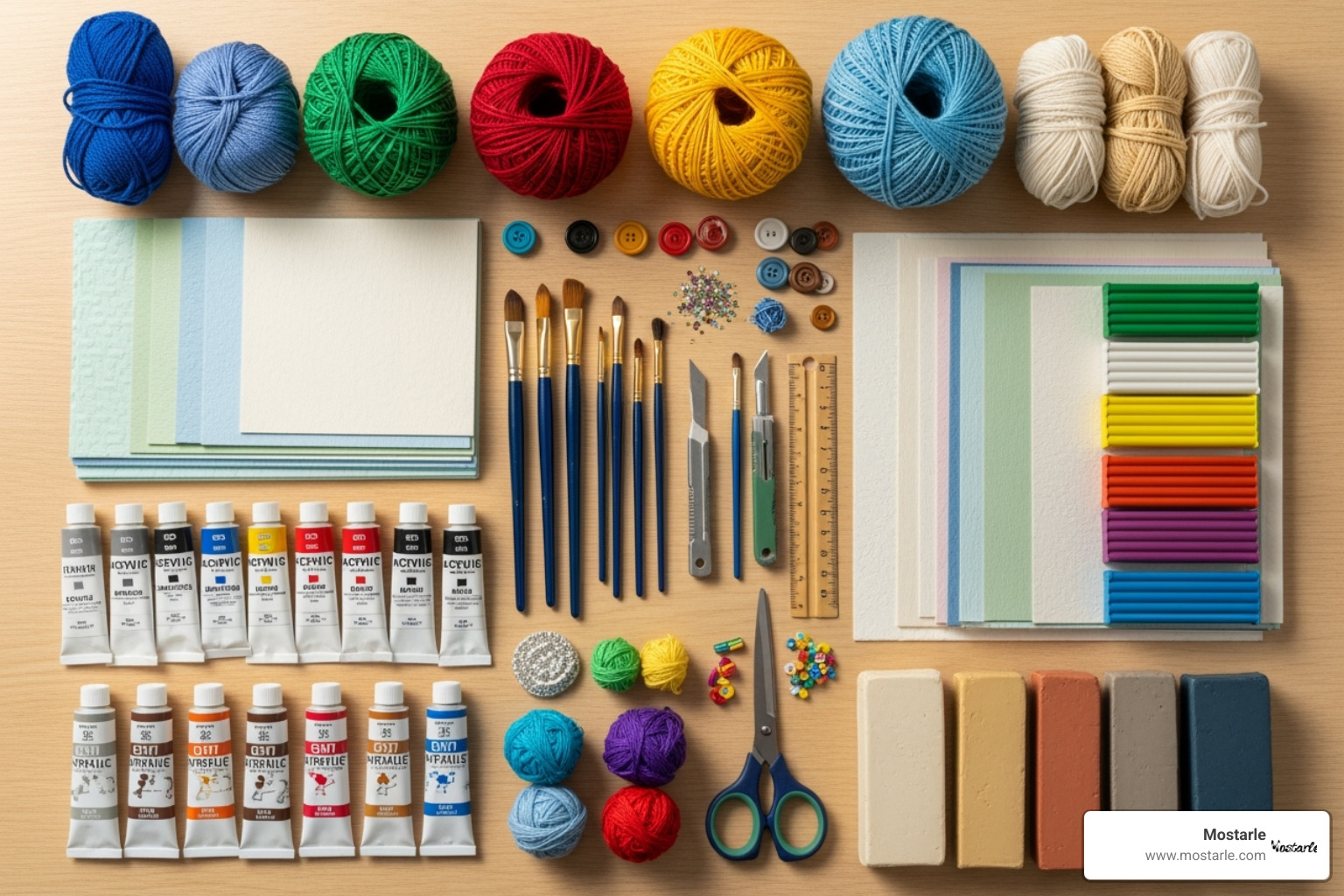A flat lay showing materials for different crafts like yarn, paint, paper, and clay. - Adult craft activities