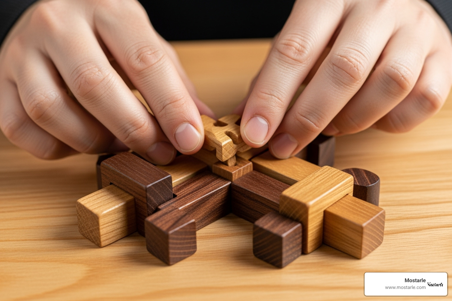 A person's hands carefully assembling a wooden mechanical puzzle - mechanical puzzle for adults