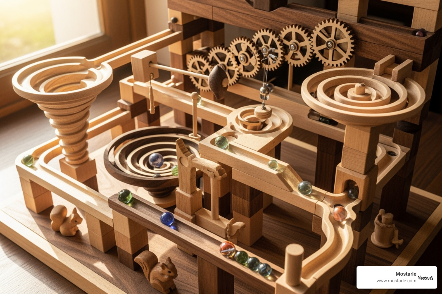 A complex Mostarle marble run puzzle in action - mechanical puzzle for adults