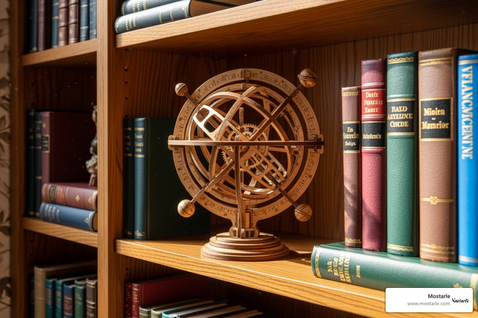 A finished Mostarle puzzle used as a stylish decorative item on a bookshelf - mechanical puzzle for adults