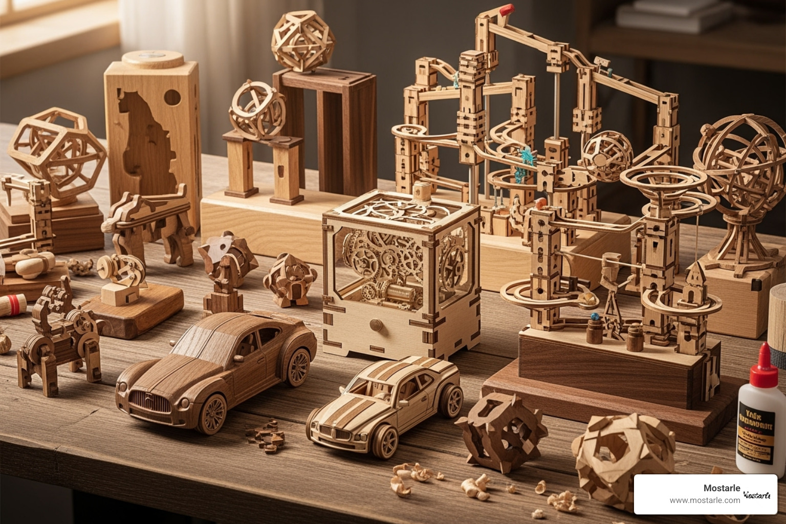 A collection of diverse Mostarle 3D wooden puzzles on display - mechanical puzzle for adults