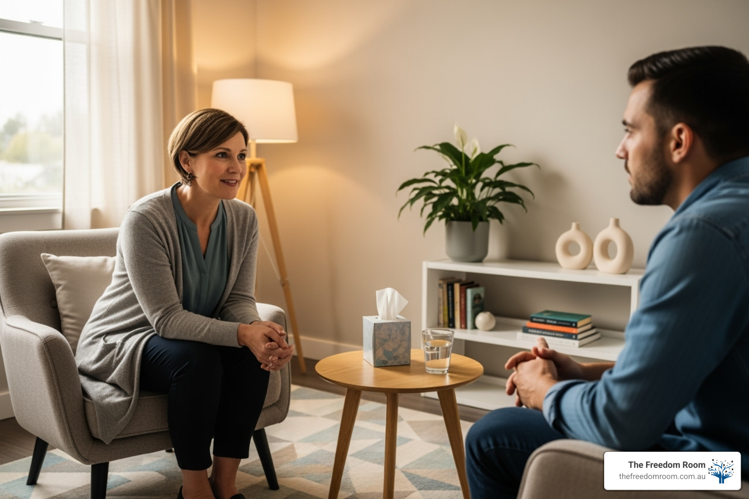 Relaxed therapeutic session where a female therapist builds trust using empathy based therapy techniques with a male client in a bright setting. Relaxed therapeutic session where a female therapist builds trust using empathy based therapy techniques with a male client in a bright setting.