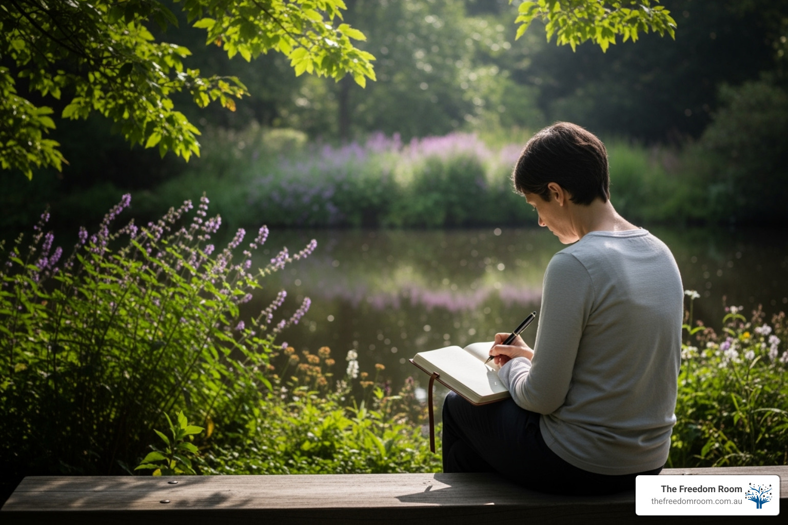 A person finding peace while journaling in a serene outdoor setting, symbolising self-reflection and healing - Empathy based therapy A person finding peace while journaling in a serene outdoor setting, symbolising self-reflection and healing - Empathy based therapy