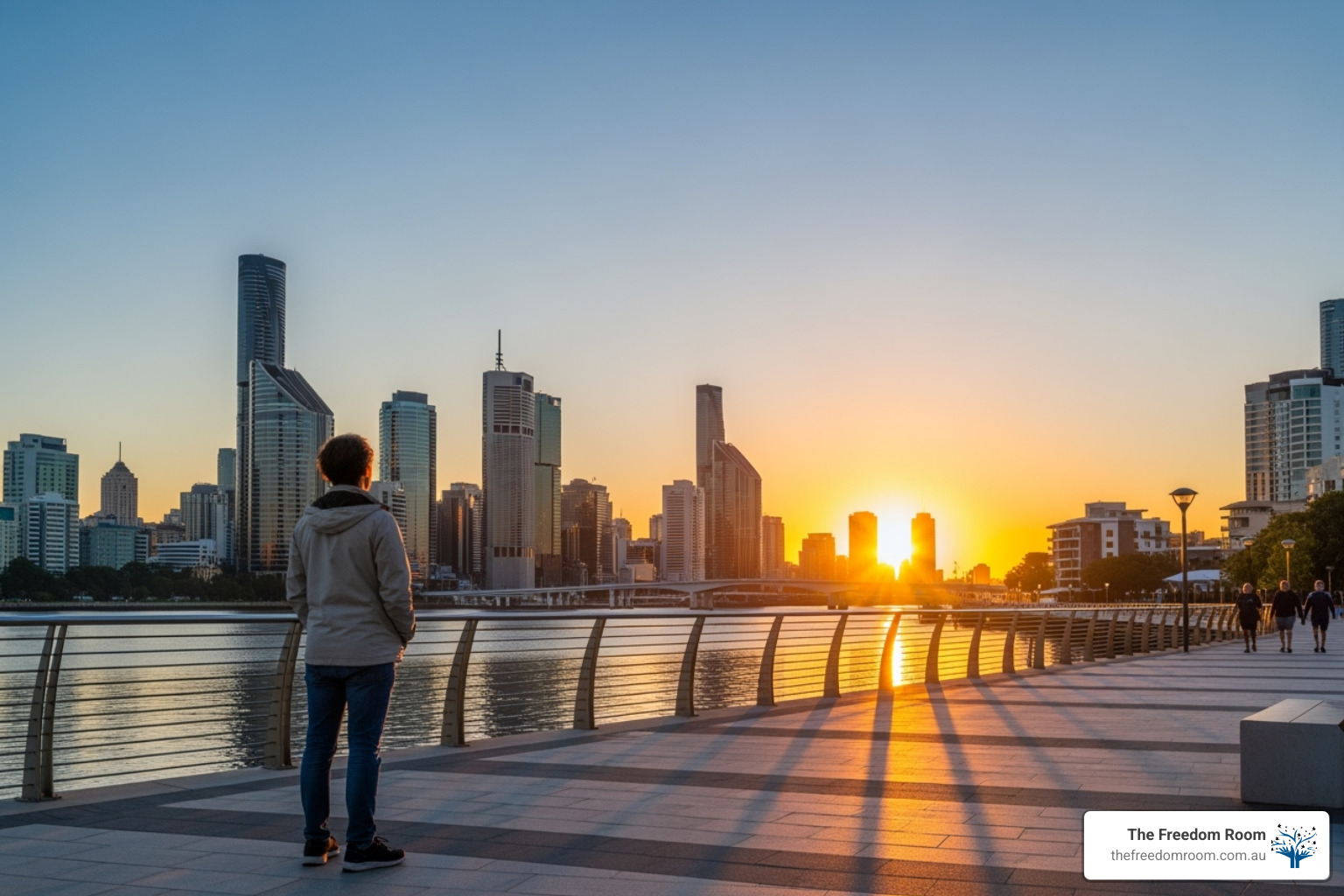 A person looking hopefully towards a vibrant Brisbane sunrise, symbolising a new chapter in life - alcohol rehabilitation brisbane