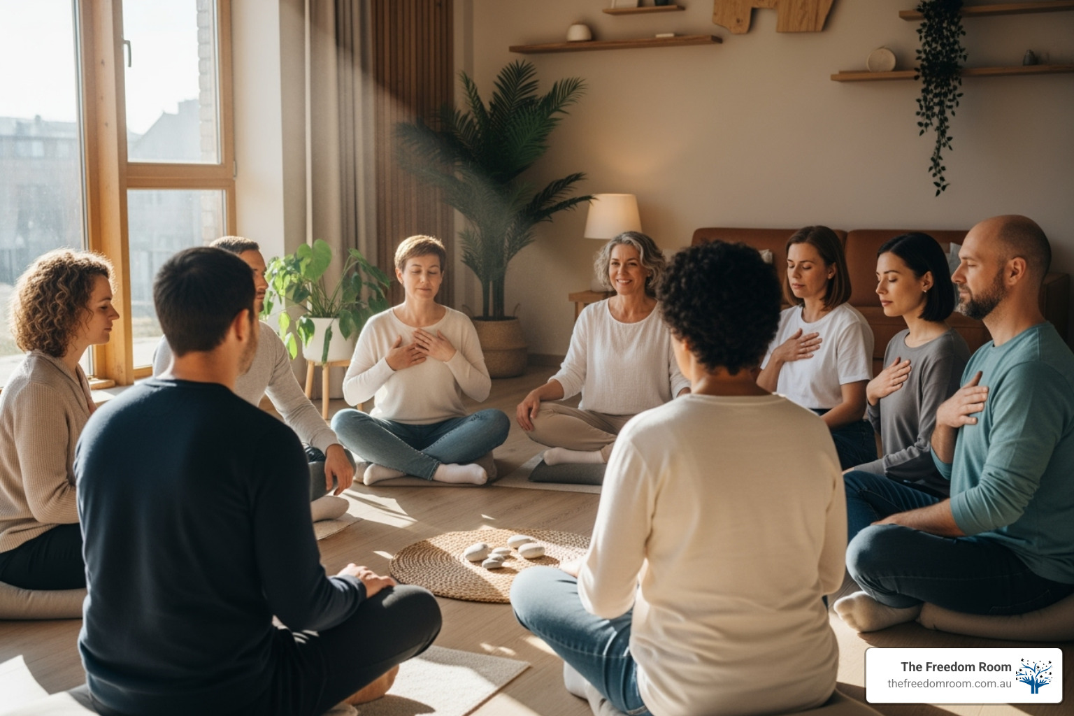 Group session where participants practice mindfulness and self-compassion a core technique within empathy based therapy for emotional healing and connection. Group session where participants practice mindfulness and self-compassion a core technique within empathy based therapy for emotional healing and connection.