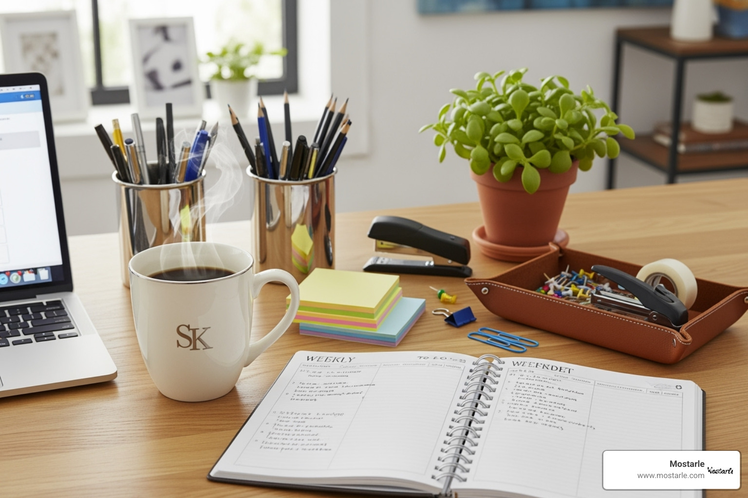 An organized office desk with a monogrammed mug, a weekly planner, a small desk plant, and various office supplies. - creative gifts for coworkers