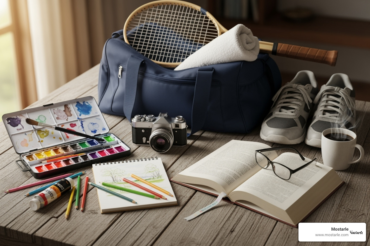 various hobby-related items like art supplies, a sports bag, and a book - cool gift ideas for teens