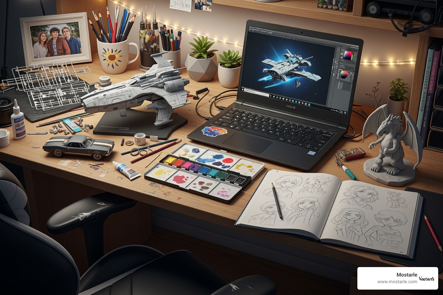 a teen's desk setup with Mostarle model kits and creative gadgets - cool gift ideas for teens