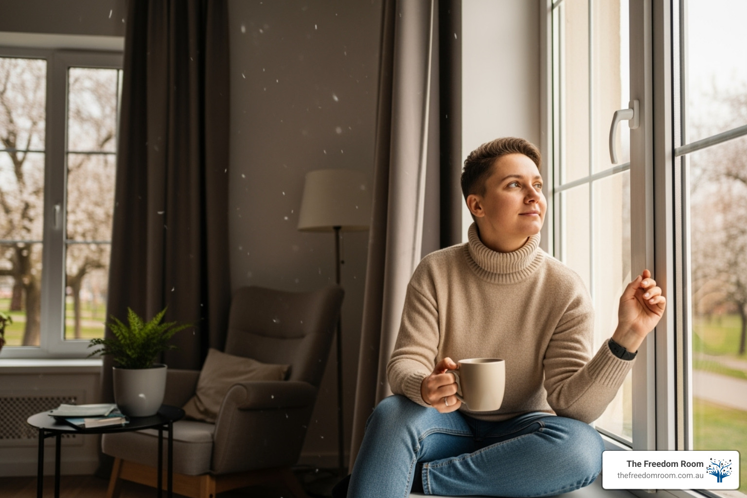 A person thoughtfully looking out a window, contemplating their journey to recovery - overcoming drinking problem