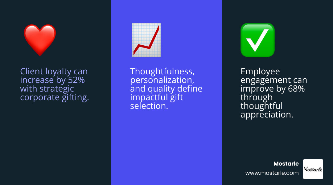 Corporate gifting benefits infographic showing increased client loyalty by 52%, employee engagement by 68%, and key selection criteria including thoughtfulness, personalization, quality, and alignment with company values - corporate gift ideas infographic 3_facts_emoji_blue Corporate gifting benefits infographic showing increased client loyalty by 52%, employee engagement by 68%, and key selection criteria including thoughtfulness, personalization, quality, and alignment with company values - corporate gift ideas infographic 3_facts_emoji_blue