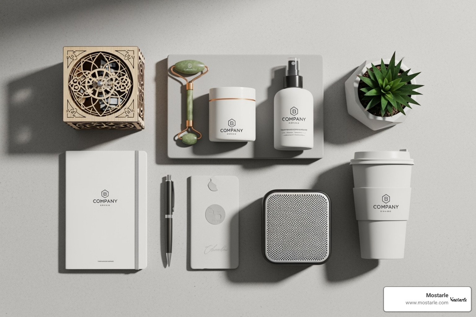 a flat-lay featuring a variety of modern corporate gifts like Mostarle mechanical puzzles, wellness kits, and high-quality desk accessories - corporate gift ideas a flat-lay featuring a variety of modern corporate gifts like Mostarle mechanical puzzles, wellness kits, and high-quality desk accessories - corporate gift ideas