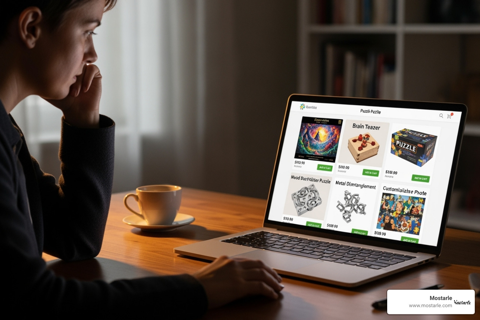 a person thoughtfully considering different Mostarle puzzle gift options online - corporate gift ideas a person thoughtfully considering different Mostarle puzzle gift options online - corporate gift ideas