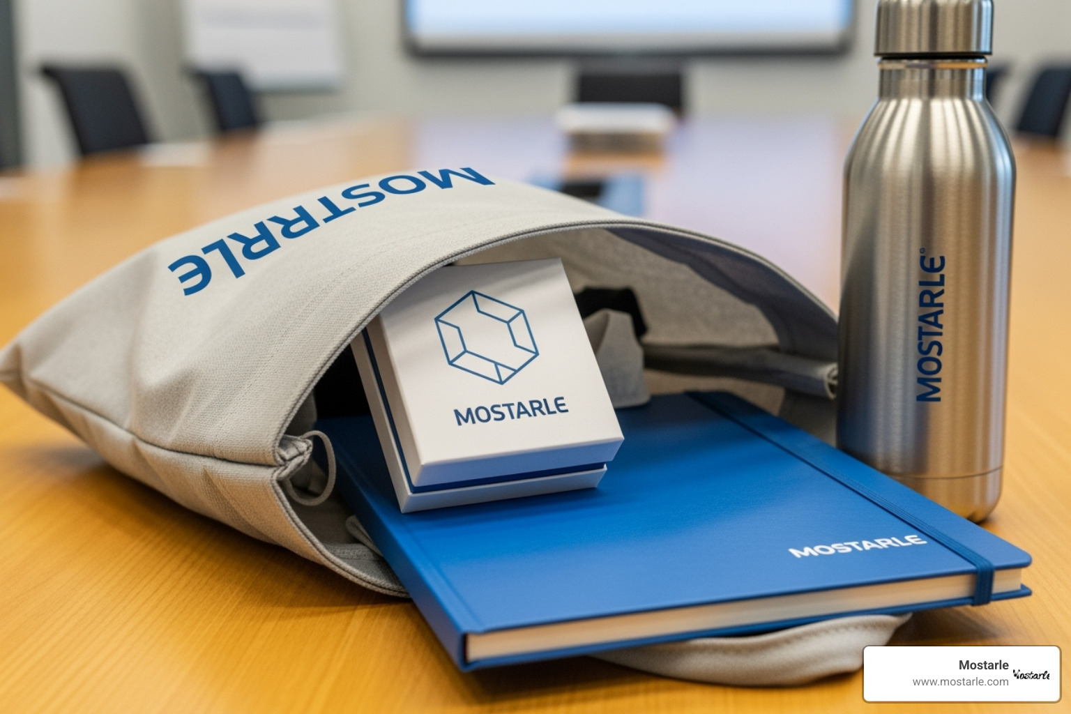 a conference swag bag filled with useful items like a Mostarle mini puzzle, notebook, and reusable water bottle - corporate gift ideas a conference swag bag filled with useful items like a Mostarle mini puzzle, notebook, and reusable water bottle - corporate gift ideas