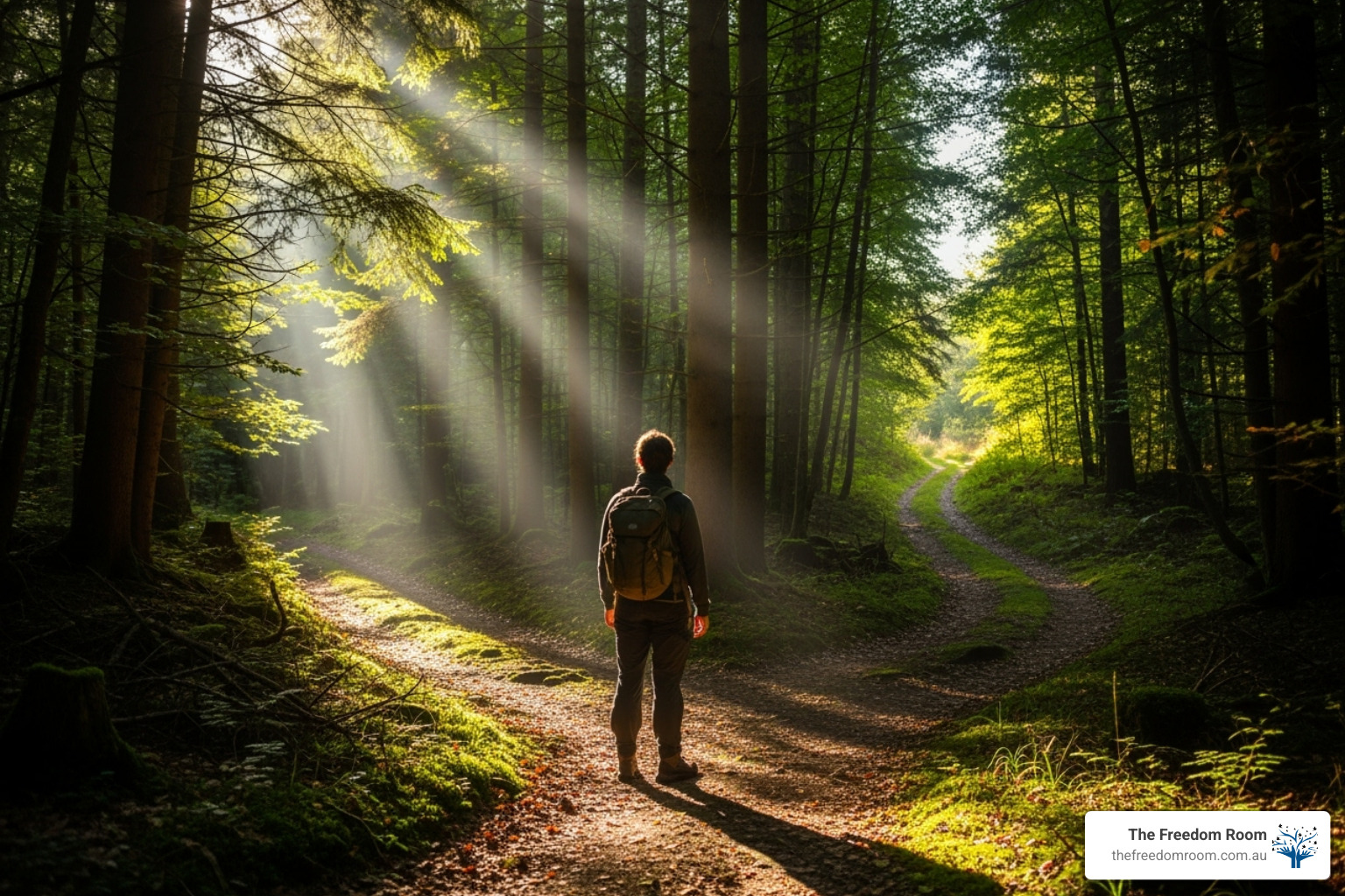 A person standing at a crossroads in a forest, symbolising choice and decision-making - non-12 step recovery