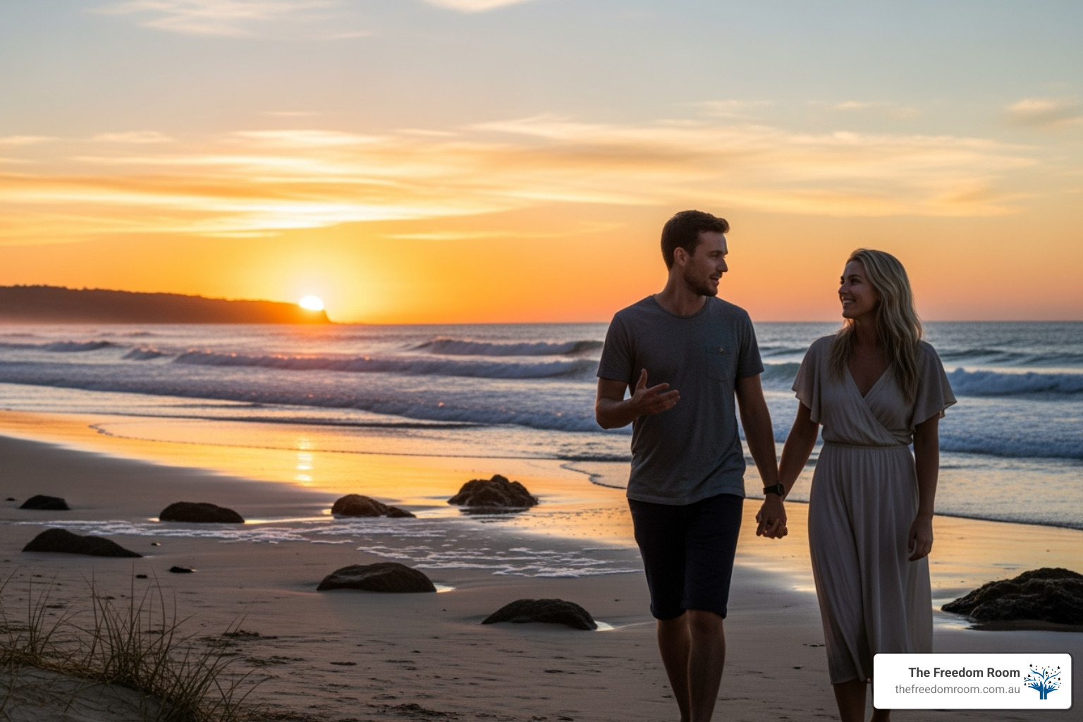 A healthy couple walking hand-in-hand along a golden, sun-drenched beach at sunset, symbolising future wellbeing after addiction treatment options.