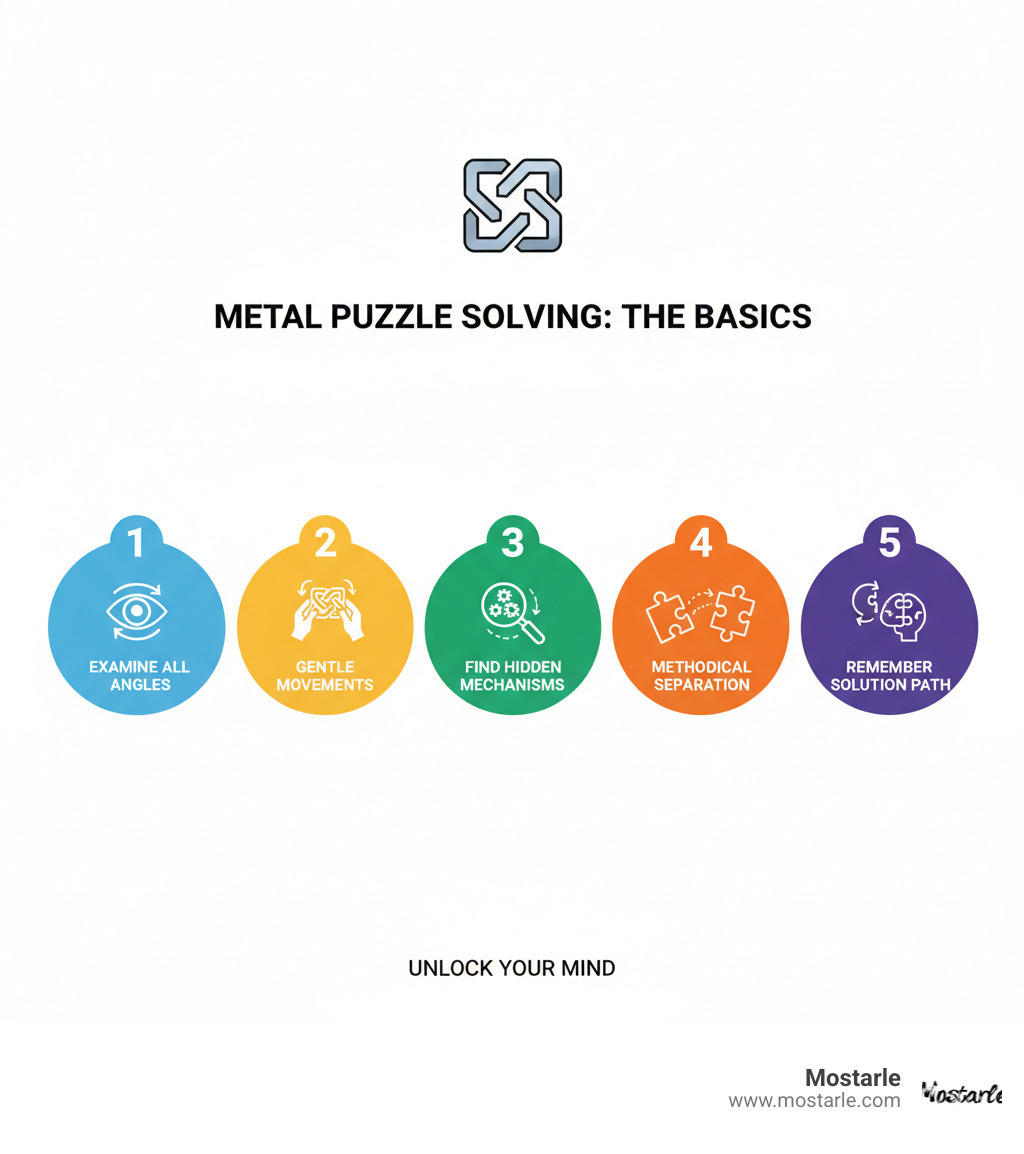 Detailed infographic showing the basic mechanics of metal puzzle solving: Step 1 - Examine all angles and identify moveable parts, Step 2 - Test gentle movements without forcing, Step 3 - Look for hidden mechanisms or pivot points, Step 4 - Use methodical approach to separate or open up pieces, Step 5 - Remember the solution path for reassembly - mind teasers metal puzzles infographic 
