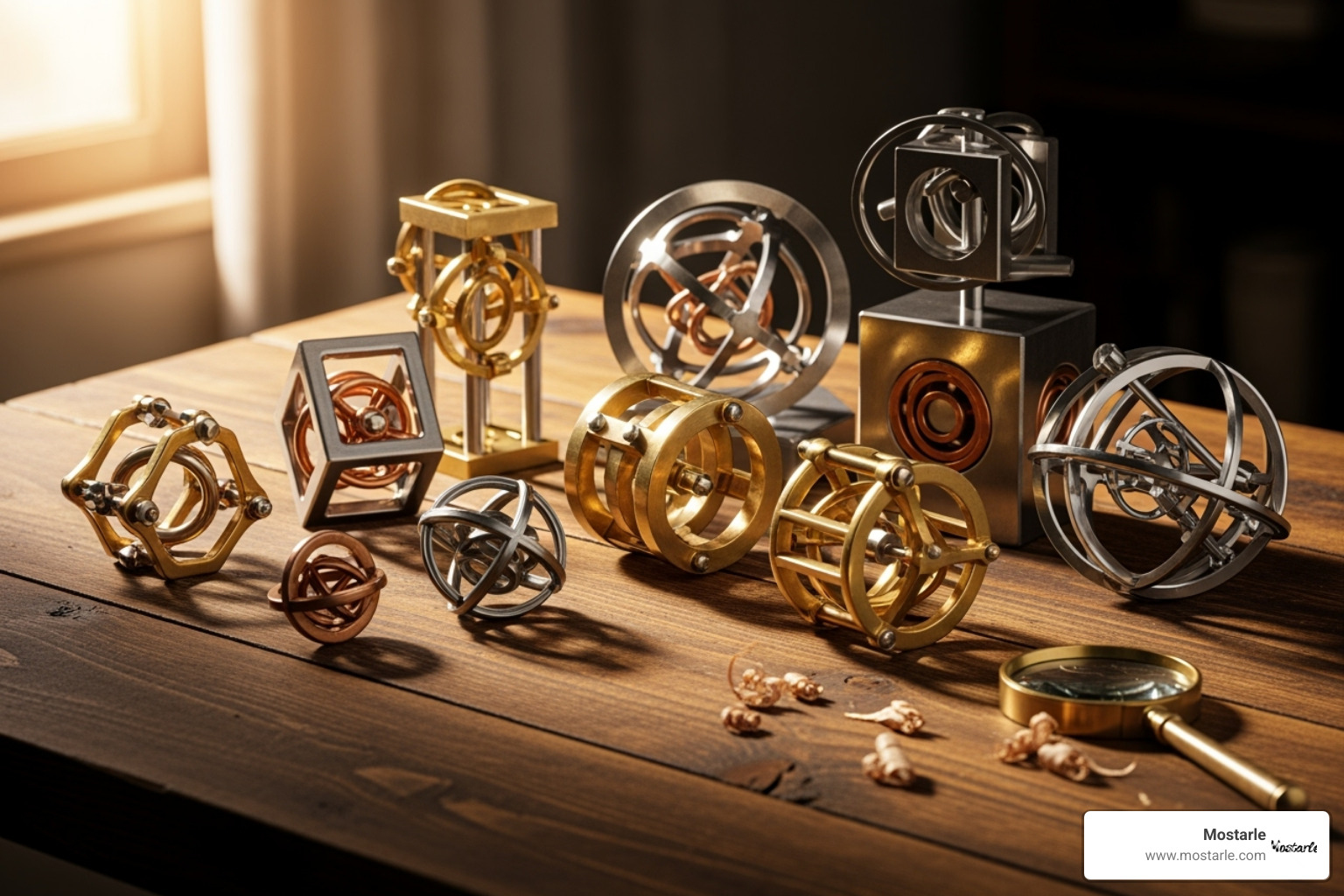 collection of Mostarle metal puzzles on a wooden table - mind teasers metal puzzles