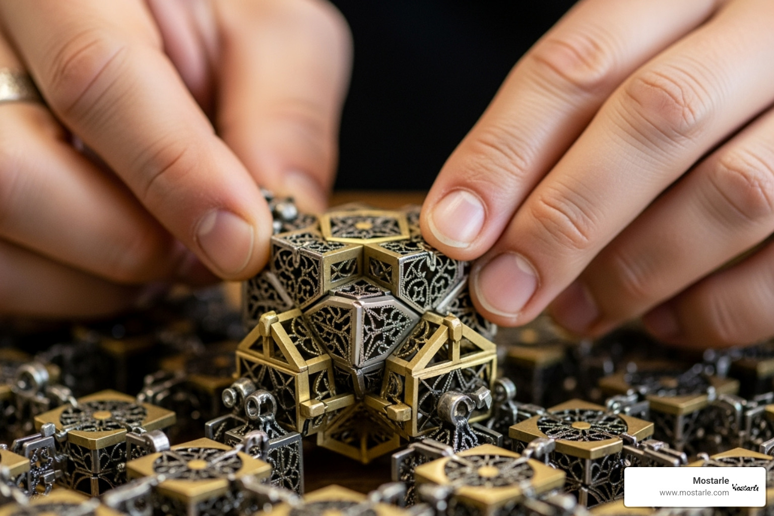 hands carefully manipulating a Mostarle metal puzzle - mind teasers metal puzzles