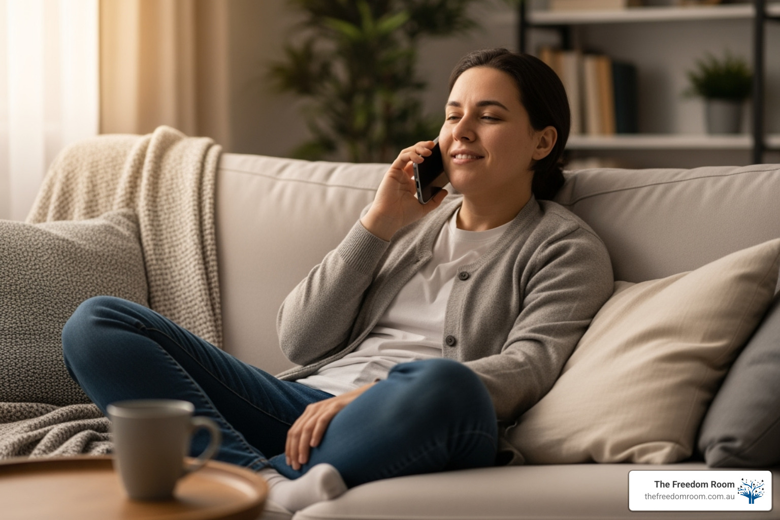 Smiling woman talking on the phone in a relaxed environment after calling a recovery drinking hotline.