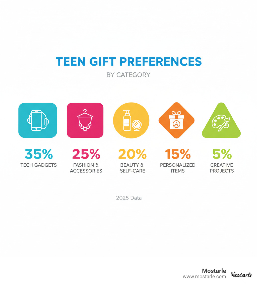 Infographic showing teen gift preferences by category with percentages: Tech Gadgets 35%, Fashion & Accessories 25%, Beauty & Self-Care 20%, Personalized Items 15%, Creative Projects 5% - cool gifts for teens infographic 