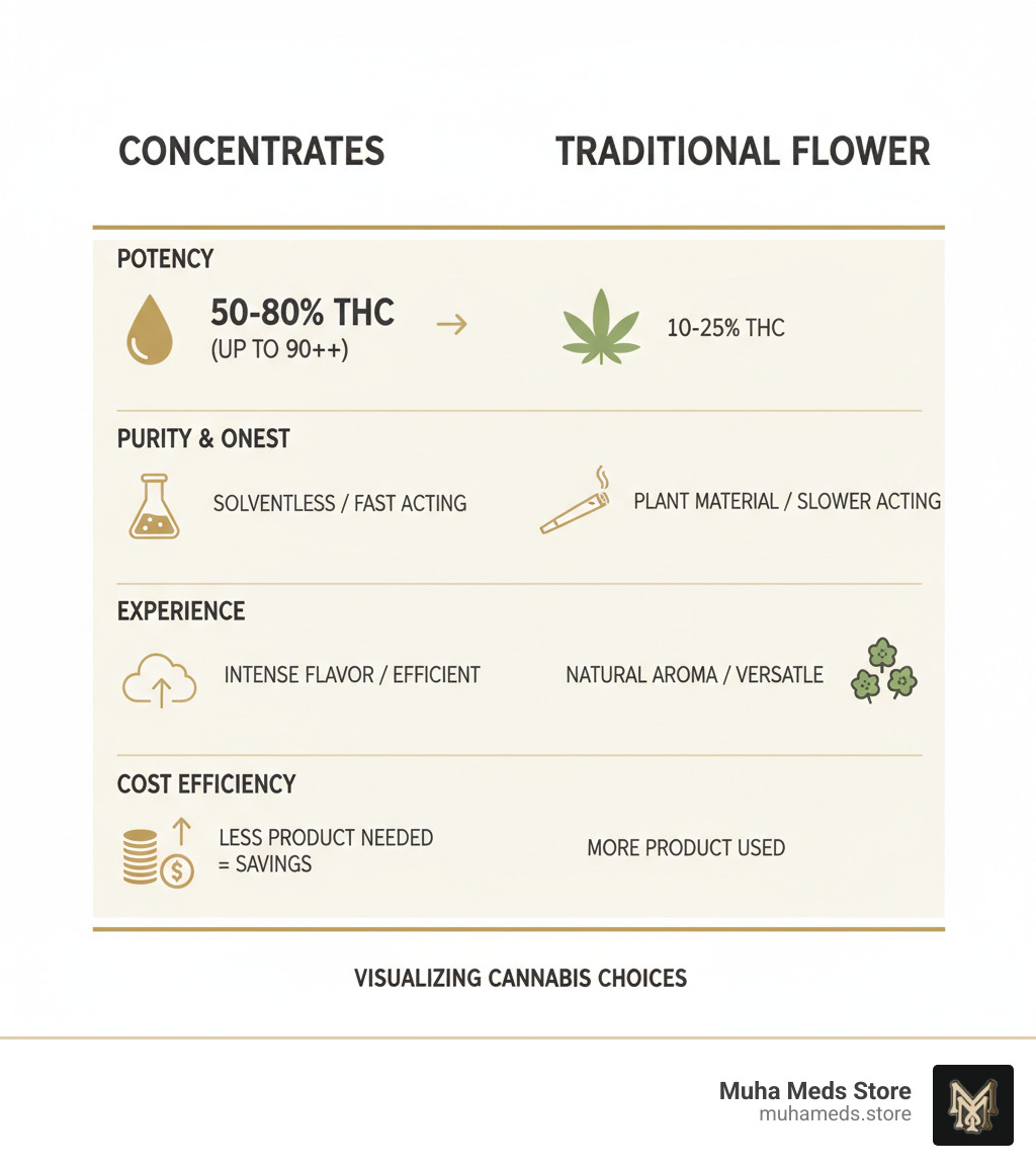 Table comparing the pros and cons of concentrates vs. traditional flower - Buy Cannabis concentrate infographic 