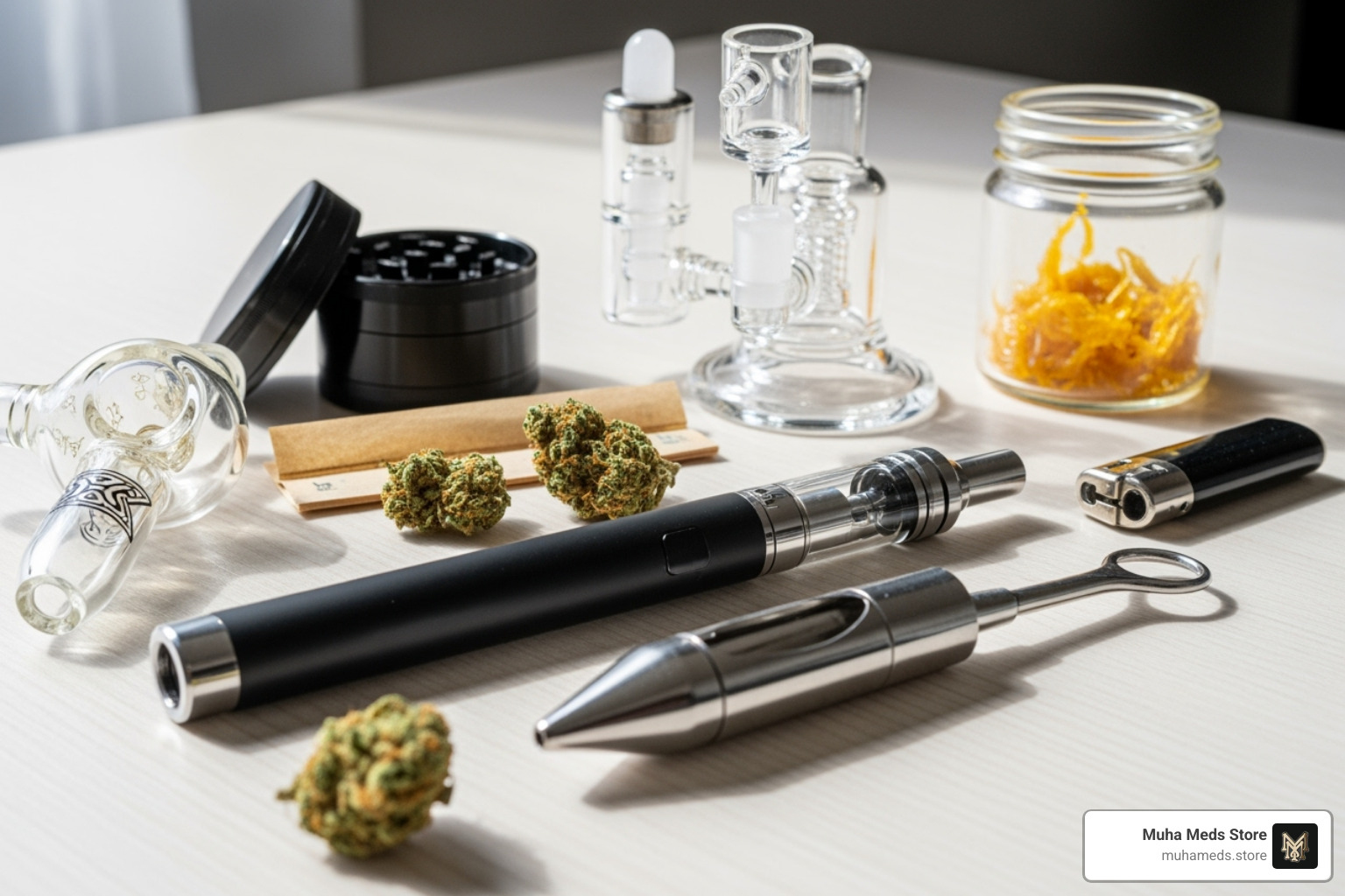 Various consumption tools like a vape pen and dab tool - Buy Cannabis concentrate
