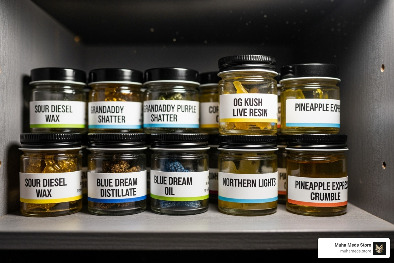 Concentrates stored correctly in labeled glass jars - Buy Cannabis concentrate