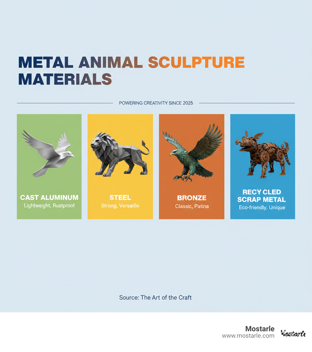 Table comparing common metals for sculptures: Cast Aluminum (Lightweight, Rustproof), Steel (Strong, Versatile), Bronze (Classic, Patina), and Recycled Scrap Metal (Eco-friendly, Unique) - Metal animal sculptures infographic 