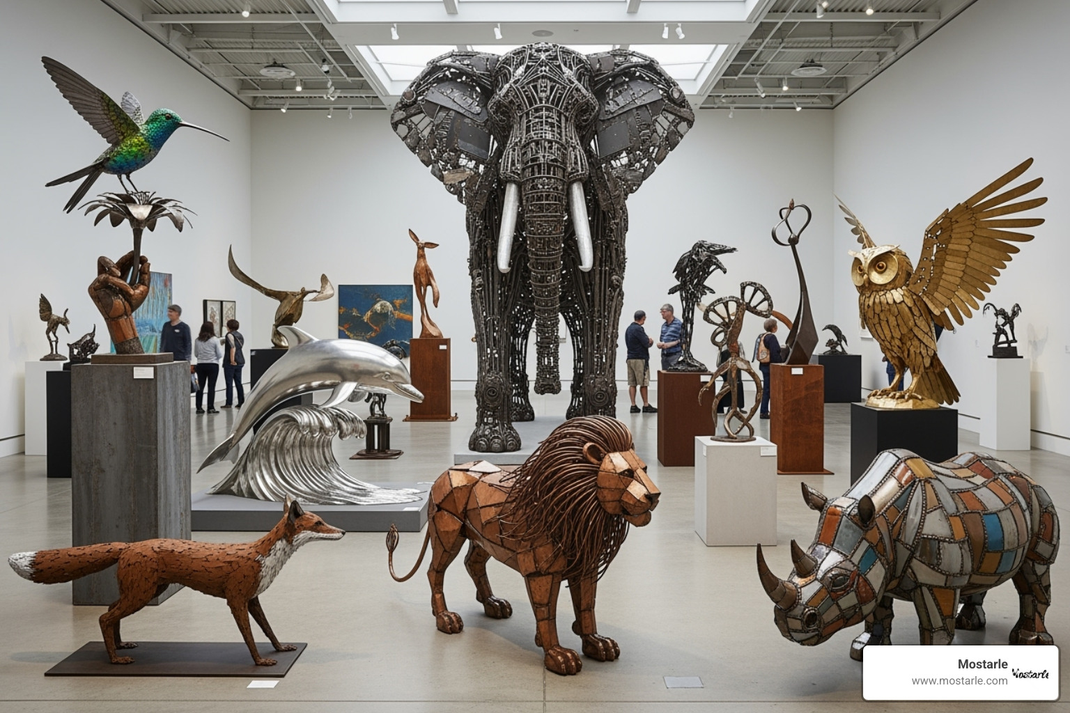 A diverse group of metal animal sculptures of different sizes and styles - Metal animal sculptures