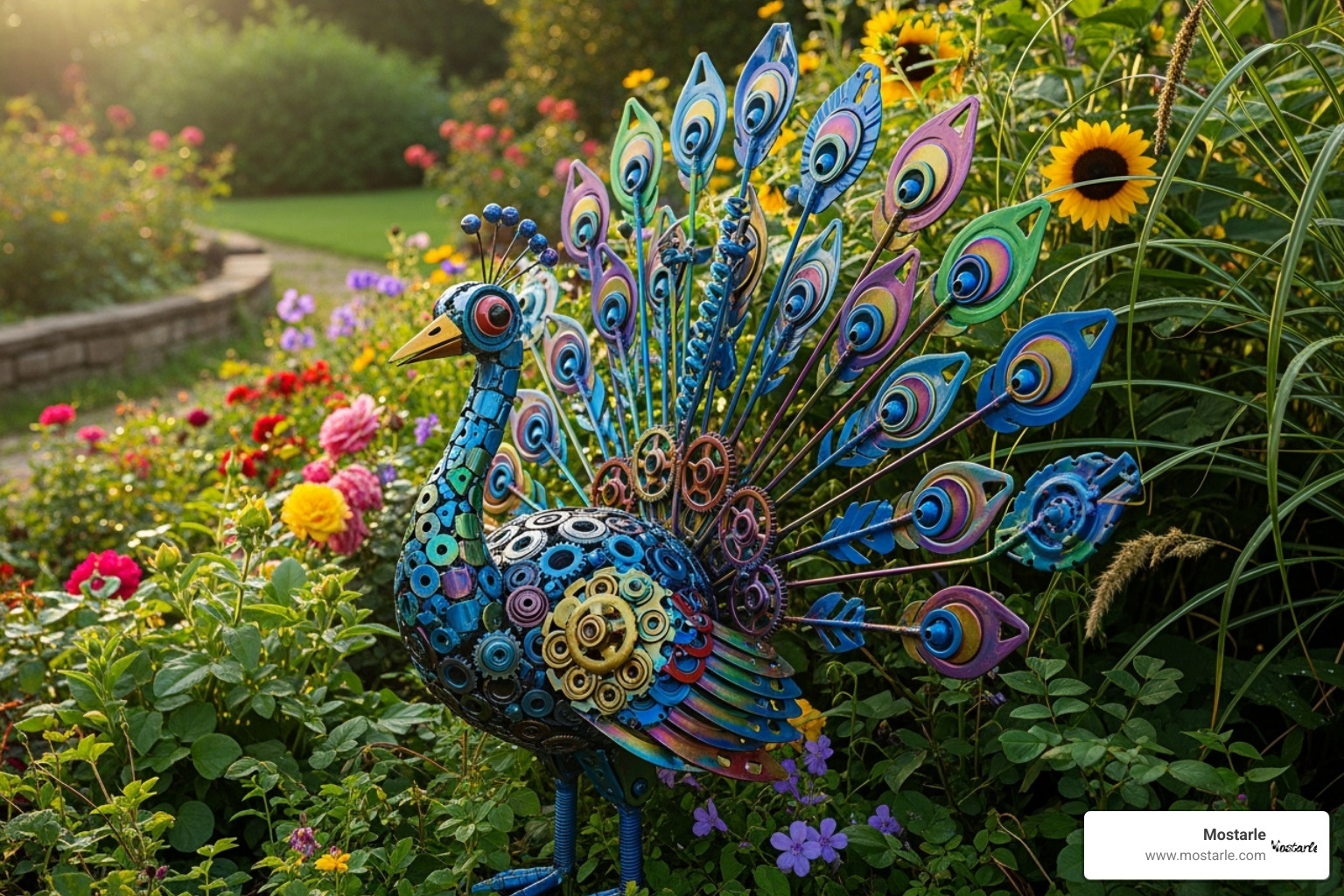A whimsical, colorful recycled metal peacock sculpture in a garden - Metal animal sculptures