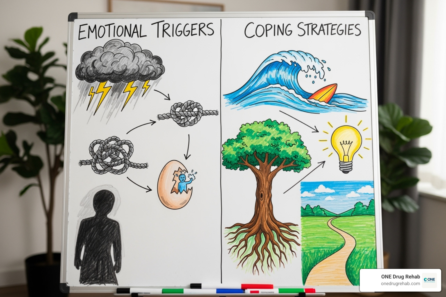 Whiteboard with therapy concepts like "Triggers" and "Coping Skills" - how does group therapy help addiction