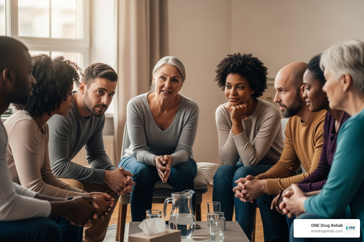 Group members actively listening and engaging in a therapy session - how does group therapy help addiction