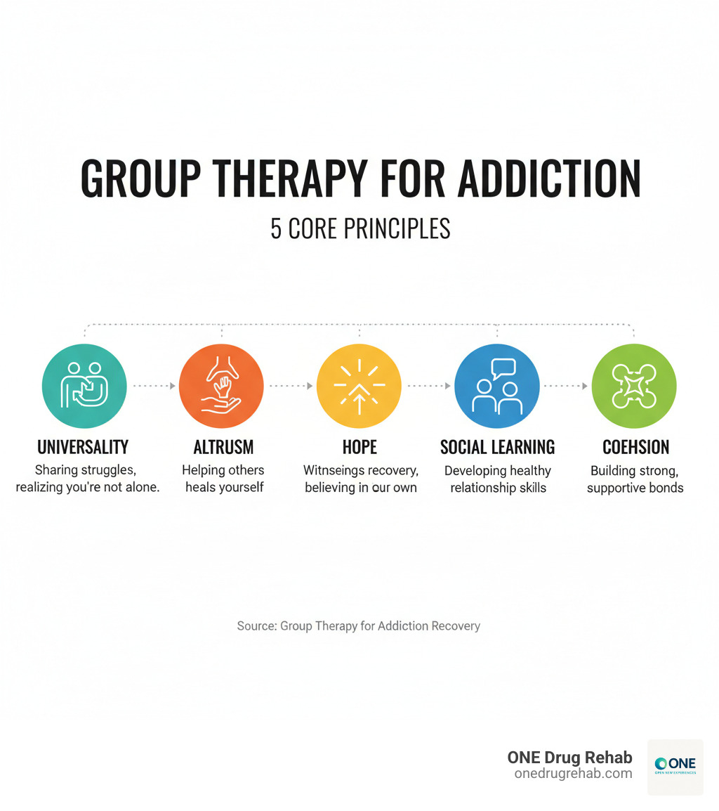 Infographic showing the 5 core principles of group therapy for addiction: Universality (realizing others share similar struggles), Altruism (helping others helps yourself heal), Hope (witnessing others' recovery success), Social Learning (developing healthy relationship skills), and Cohesion (building strong supportive bonds with group members) - how does group therapy help addiction infographic 