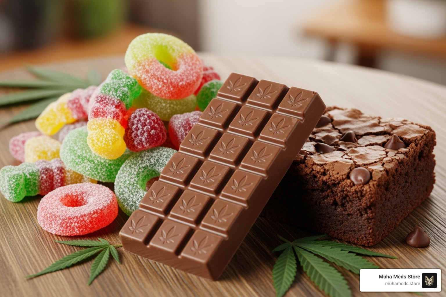 Assorted cannabis edibles including colorful gummies, a chocolate bar, and a baked brownie - buy cannabis edibles
