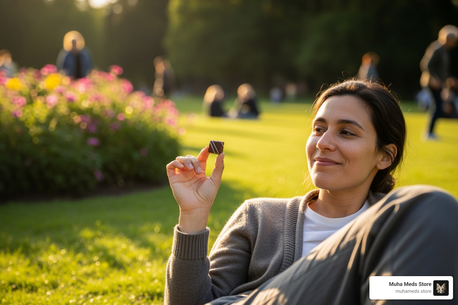 A person happily and responsibly enjoying an edible in a calm, outdoor setting - buy cannabis edibles