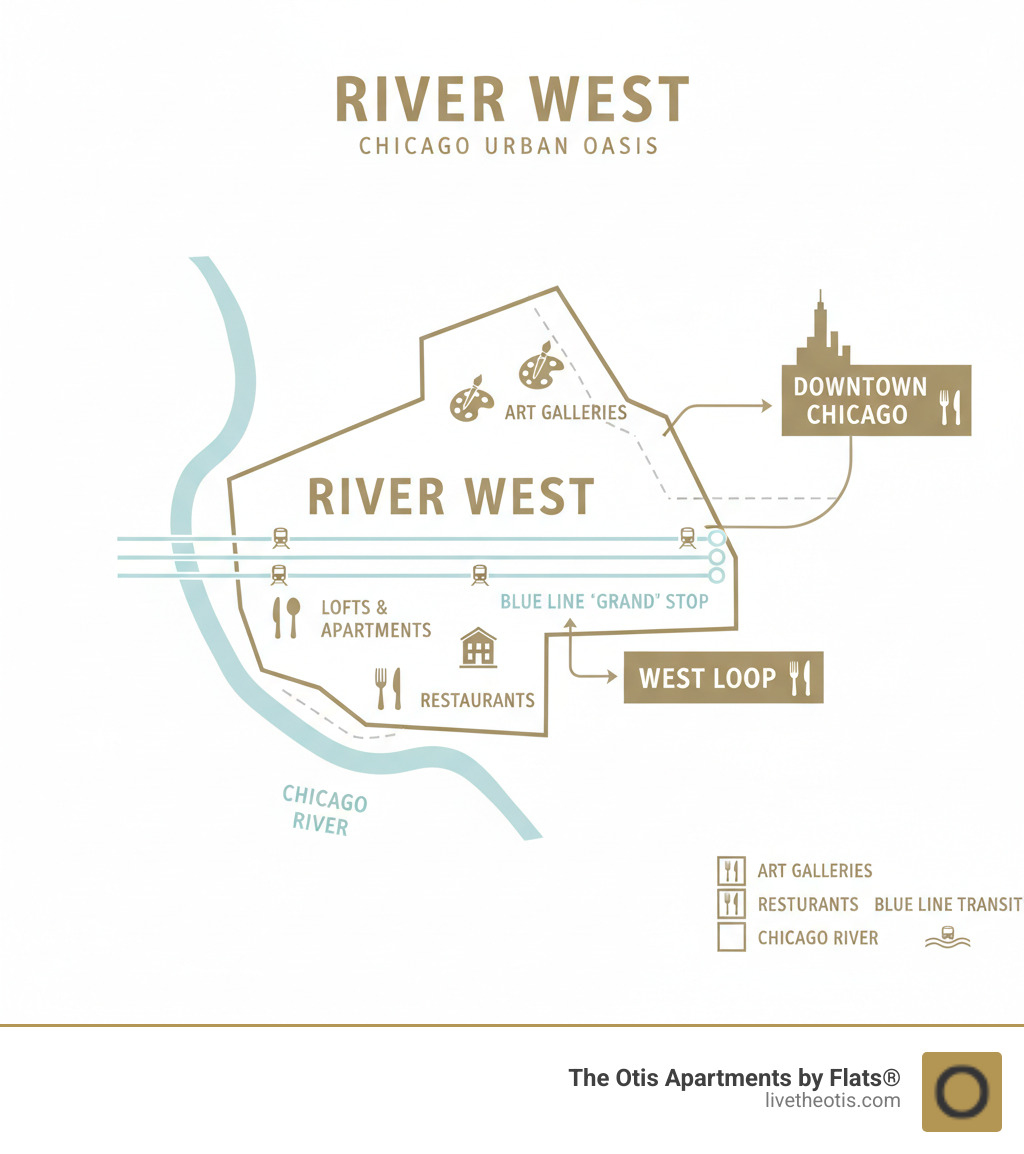 River West neighborhood map showing location relative to downtown Chicago, West Loop, and major transit lines with key landmarks like art galleries, restaurants, and the Chicago River - river west infographic 