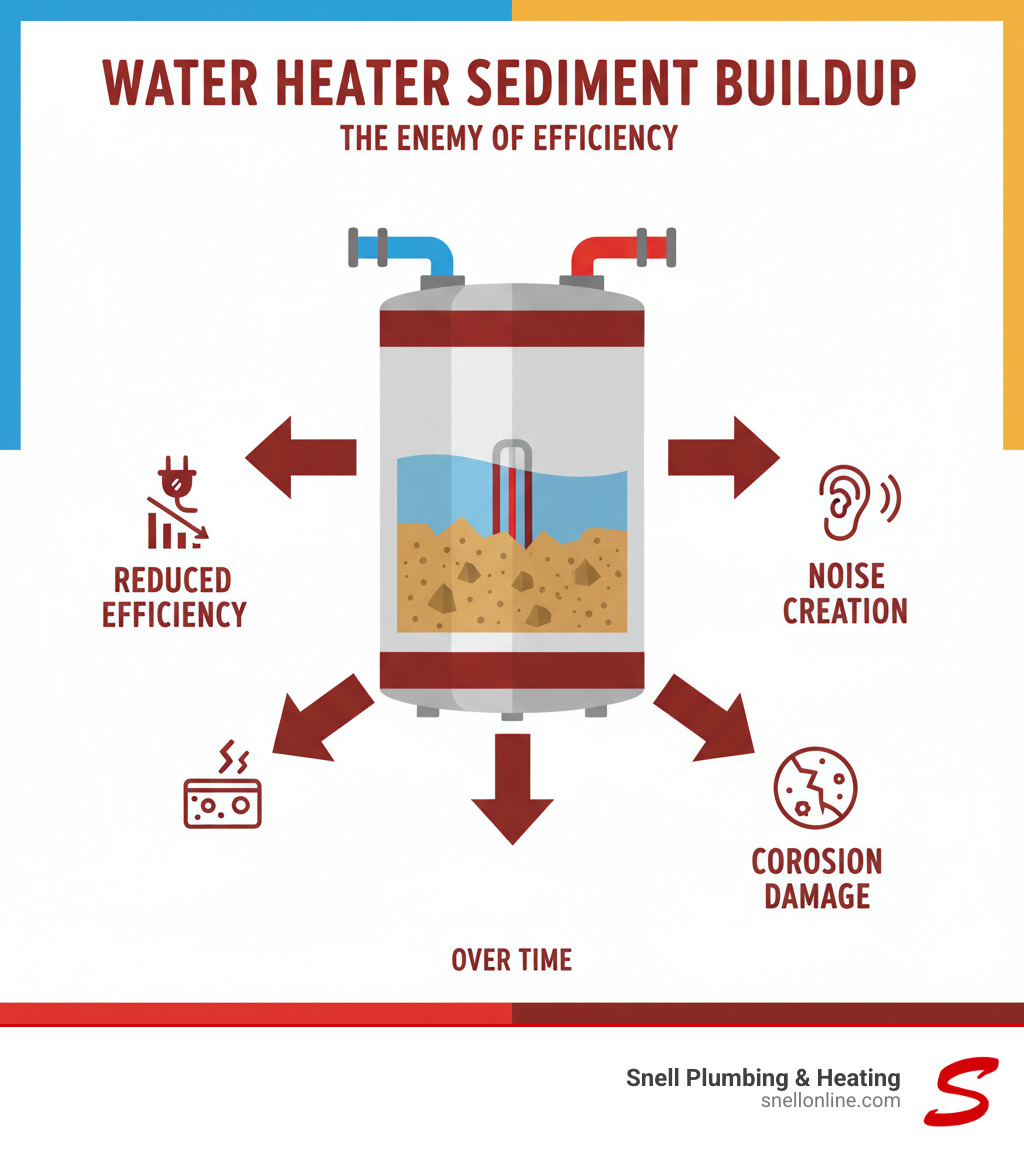 Detailed infographic showing cross-section of water heater with sediment buildup at bottom, arrows indicating reduced efficiency, noise creation, and potential corrosion damage over time - flush water heater hillsboro infographic  Detailed infographic showing cross-section of water heater with sediment buildup at bottom, arrows indicating reduced efficiency, noise creation, and potential corrosion damage over time - flush water heater hillsboro infographic