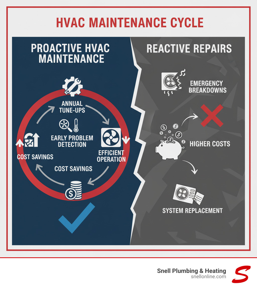 Infographic showing the cycle of proactive HVAC maintenance including annual tune-ups, early problem detection, efficient operation, and cost savings versus reactive repairs leading to emergency breakdowns, higher costs, and system replacement - annual heating maintenance riverton infographic  Infographic showing the cycle of proactive HVAC maintenance including annual tune-ups, early problem detection, efficient operation, and cost savings versus reactive repairs leading to emergency breakdowns, higher costs, and system replacement - annual heating maintenance riverton infographic