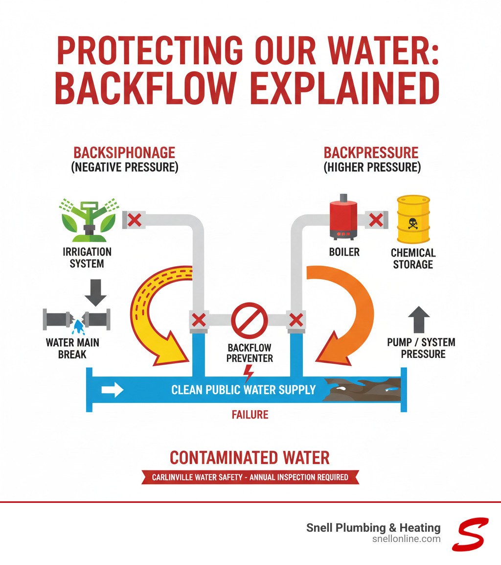 Infographic showing how backflow occurs when contaminated water from irrigation systems, boilers, or chemical storage tanks flows backward through plumbing connections into the clean public water supply, illustrating both backsiphonage from negative pressure and backpressure from higher pressure systems - backflow certification inspection carlinville infographic 