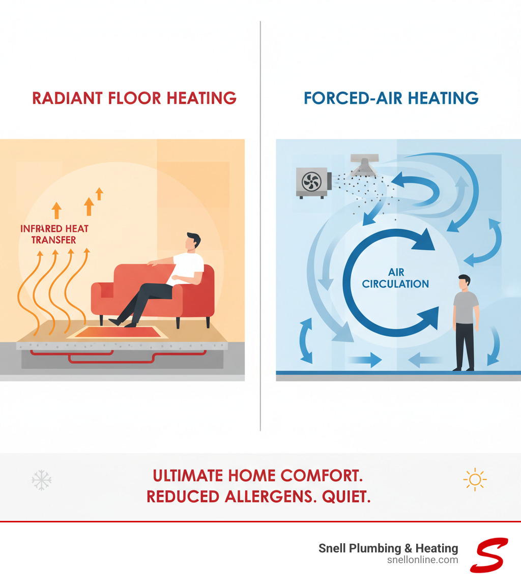 Infographic showing radiant floor heating system with cross-section view of heated floors warming objects and people directly through infrared heat transfer, compared to forced-air system blowing heated air around the room with arrows showing air circulation patterns - install radiant floor heating virden infographic 