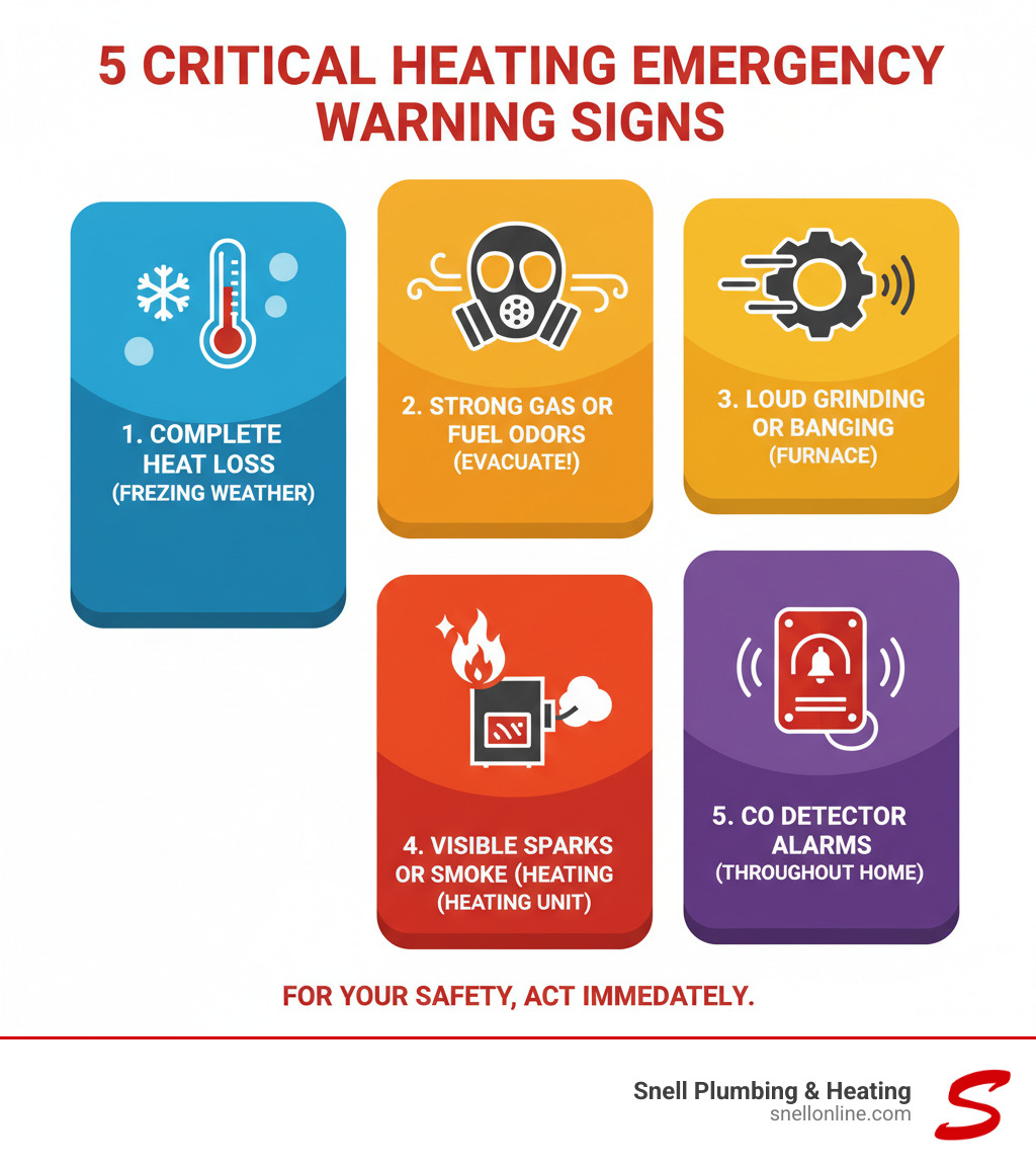 Infographic showing 5 critical heating emergency warning signs: complete heat loss during freezing weather, strong gas or fuel odors requiring immediate evacuation, loud grinding or banging noises from the furnace, visible sparks or smoke from the heating unit, and carbon monoxide detector alarms sounding throughout the home - emergency heating repair springfield infographic  Infographic showing 5 critical heating emergency warning signs: complete heat loss during freezing weather, strong gas or fuel odors requiring immediate evacuation, loud grinding or banging noises from the furnace, visible sparks or smoke from the heating unit, and carbon monoxide detector alarms sounding throughout the home - emergency heating repair springfield infographic
