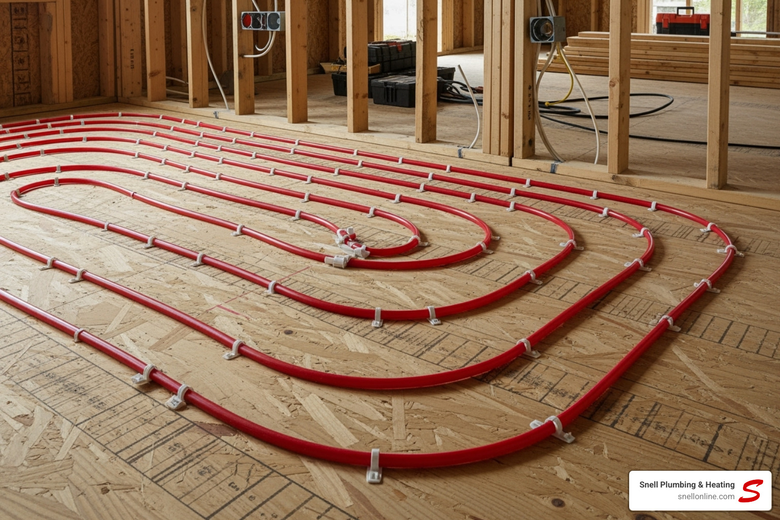 PEX tubing being laid out on a subfloor before concrete is poured - install radiant floor heating virden