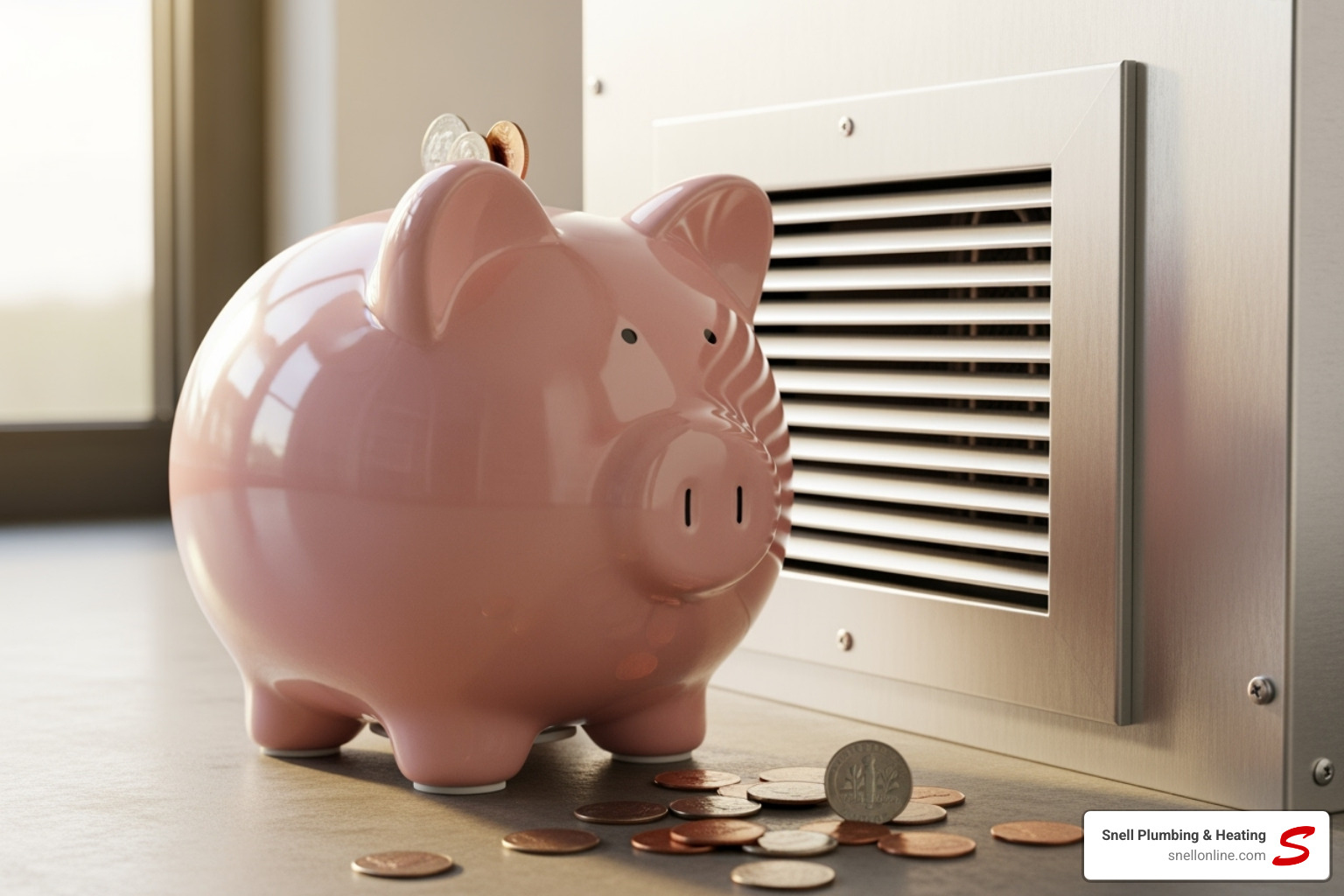 Piggy bank next to a furnace vent, symbolizing savings - annual heating maintenance riverton Piggy bank next to a furnace vent, symbolizing savings - annual heating maintenance riverton