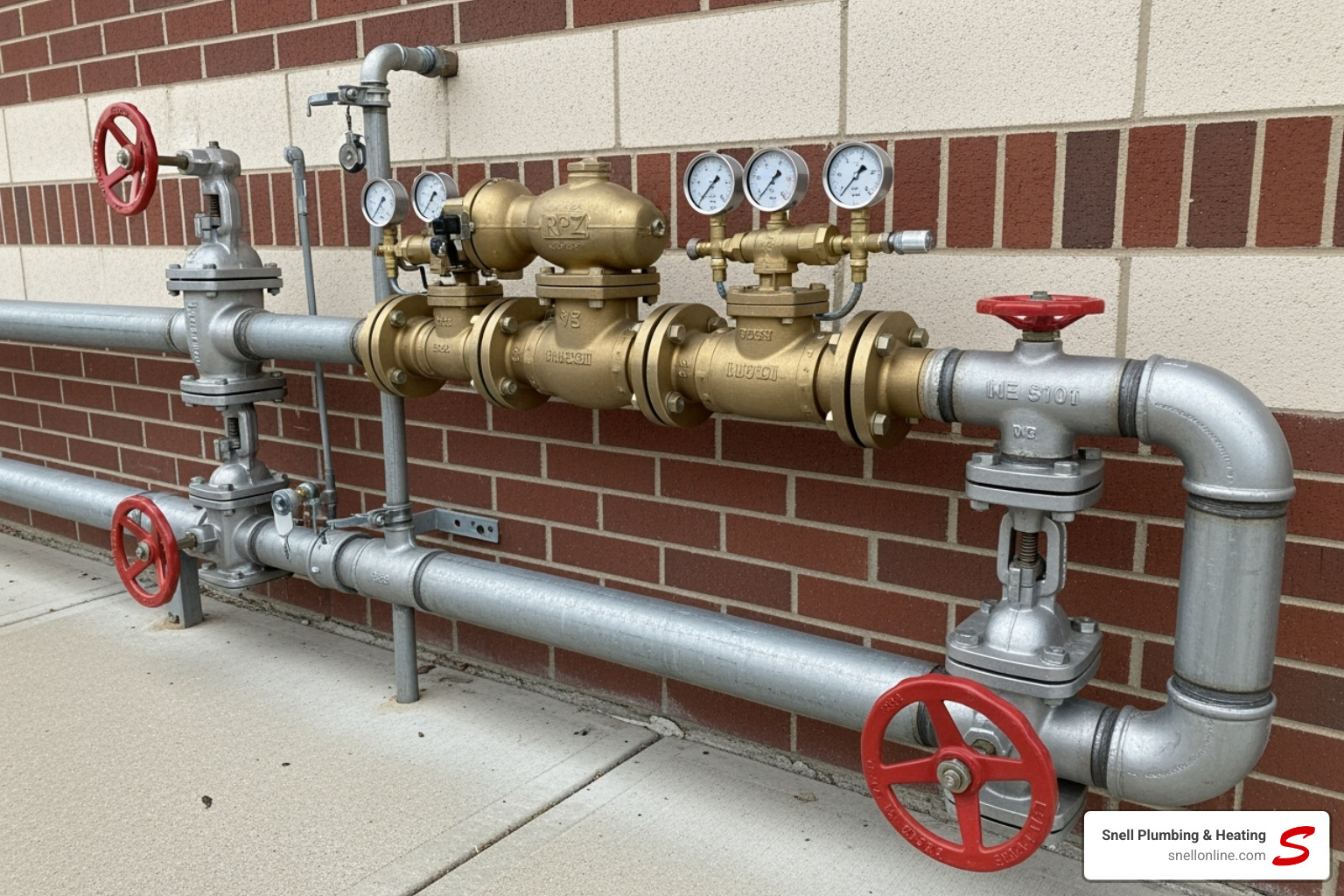 image of a backflow preventer installed on a commercial building's water line - backflow certification inspection carlinville