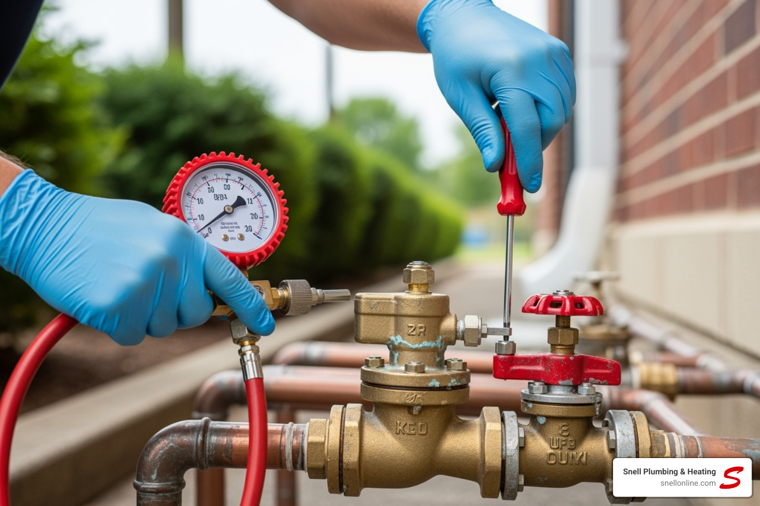 image of a technician's hands using a backflow test kit on a valve - backflow certification inspection carlinville