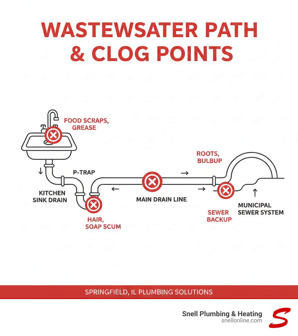 Infographic showing the path of wastewater from kitchen sink through drain pipes, P-trap, main drain line, and connection to municipal sewer system, with common clog points marked at each stage - repair clogged drain springfield il infographic  Infographic showing the path of wastewater from kitchen sink through drain pipes, P-trap, main drain line, and connection to municipal sewer system, with common clog points marked at each stage - repair clogged drain springfield il infographic