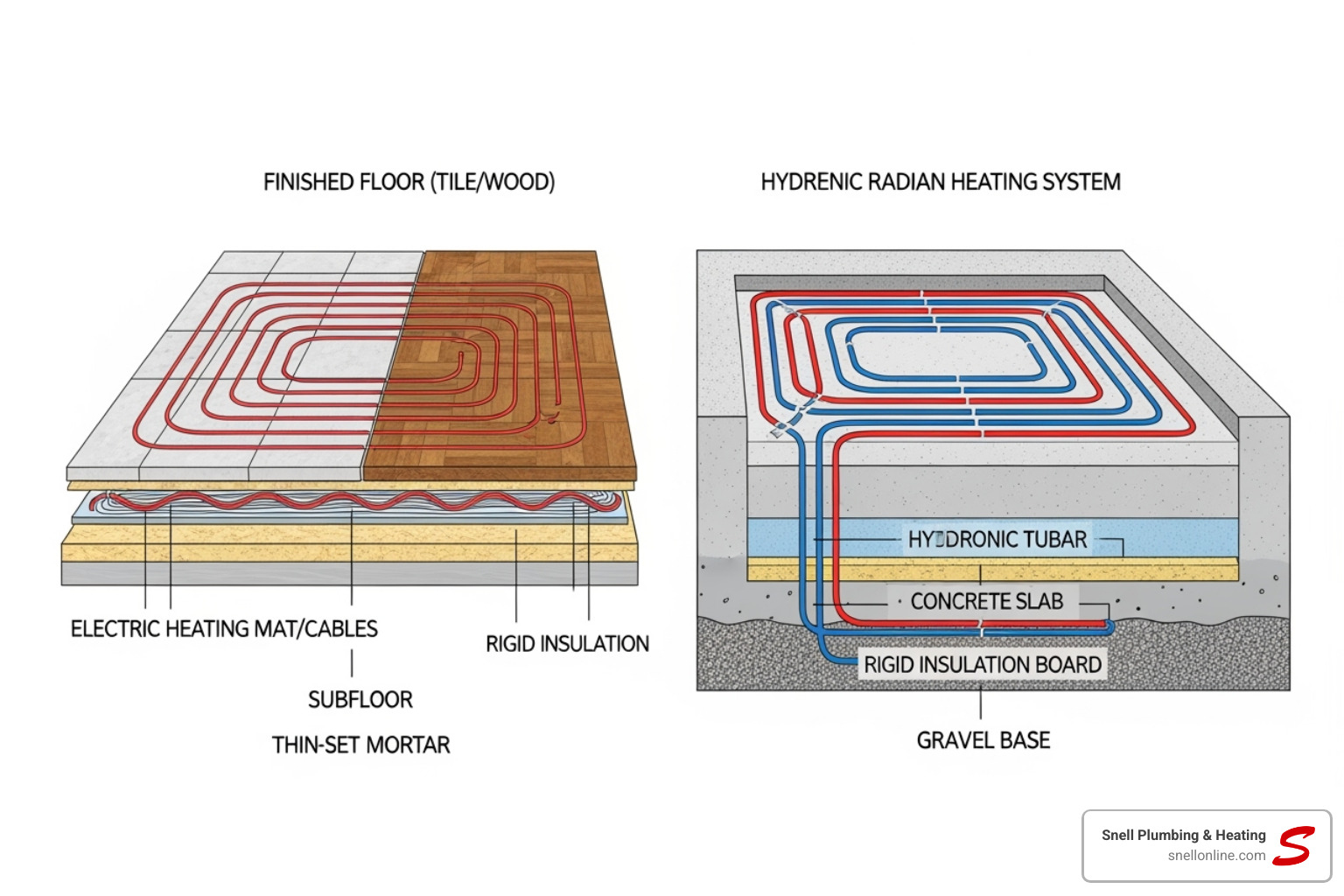 Cross-section showing both an electric mat system and a hydronic tube system under flooring - install radiant floor heating virden