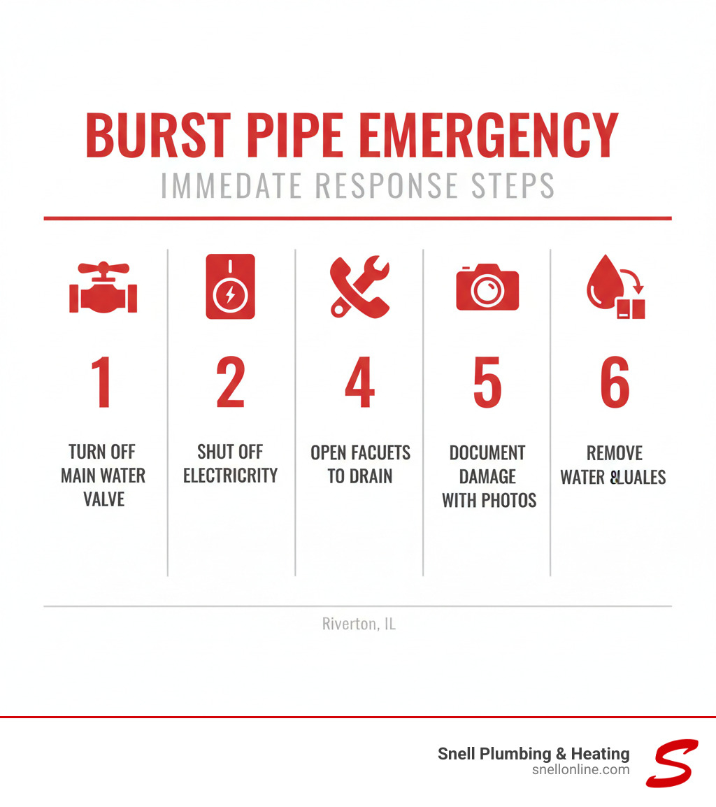 Infographic showing immediate burst pipe response steps: 1) Locate and turn off main water valve clockwise, 2) Turn off electricity to affected areas, 3) Call emergency plumber immediately, 4) Open faucets to drain remaining water, 5) Document damage with photos, 6) Remove standing water and valuables from affected area - repair burst pipe riverton il infographic 