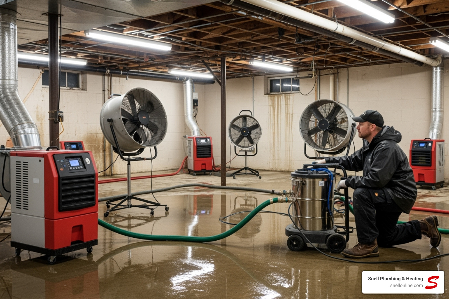 professional water extraction equipment being used in a basement - repair burst pipe riverton il