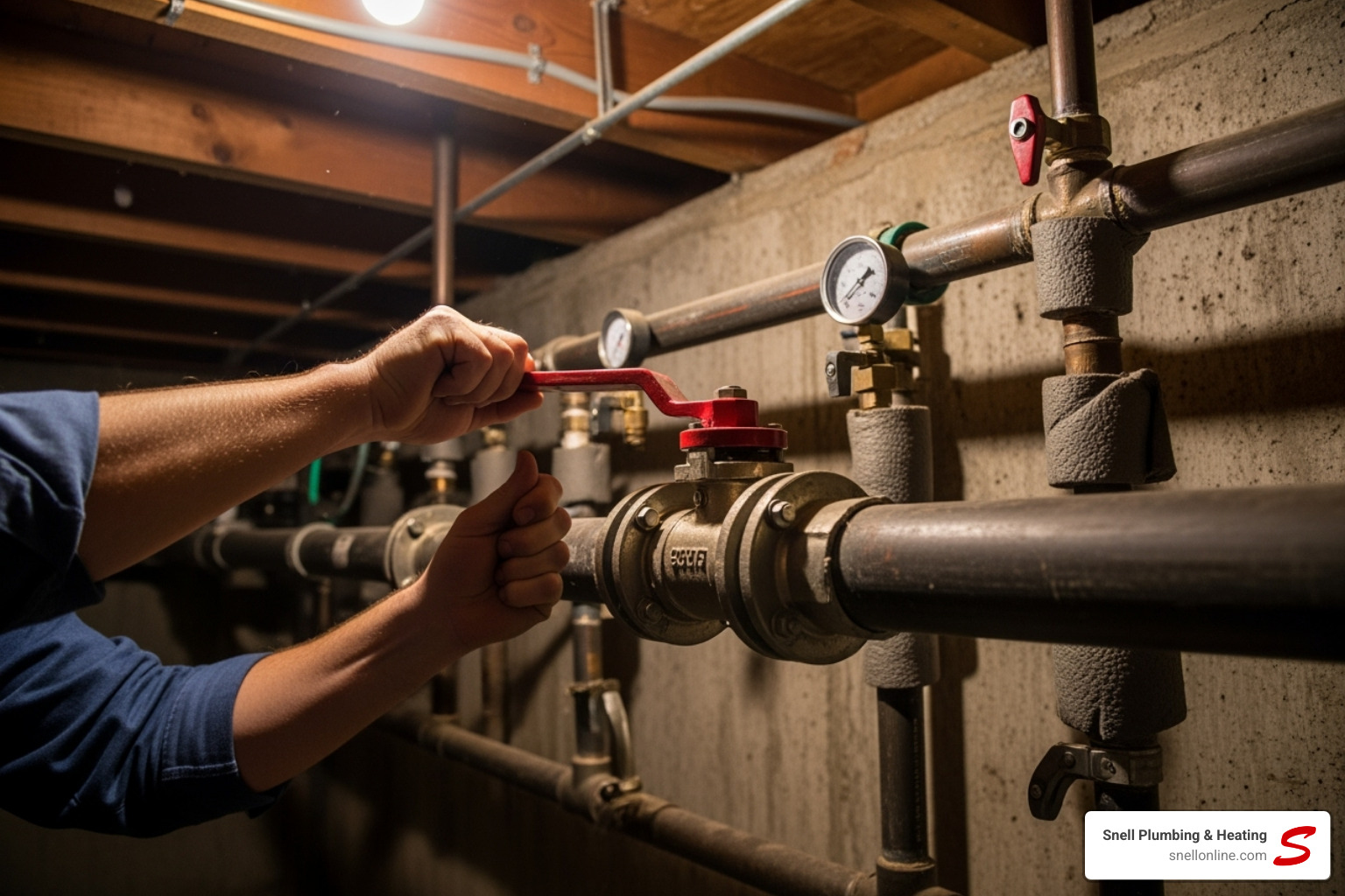 person turning a main water shut-off valve - repair burst pipe riverton il